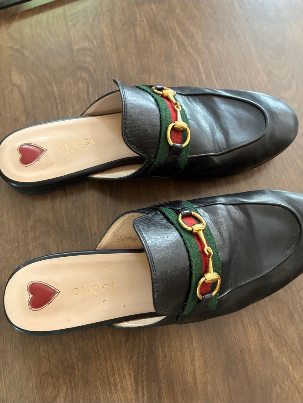 Gucci Black Leather Horsebit Mules with Green and Red Web